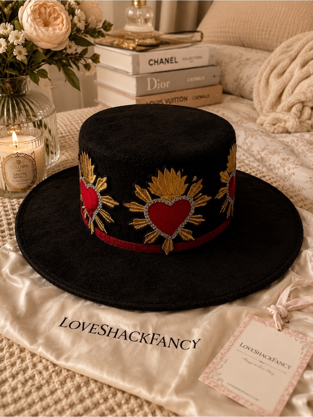 Black Wide-Brim Embroidered Heart Felt Hat